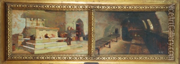 Il Granaio A Monte Frumentario Fonte Marcella (+ Il Refettorio Alle Carceri; Pair) Oil Painting - Giuseppe Palanti