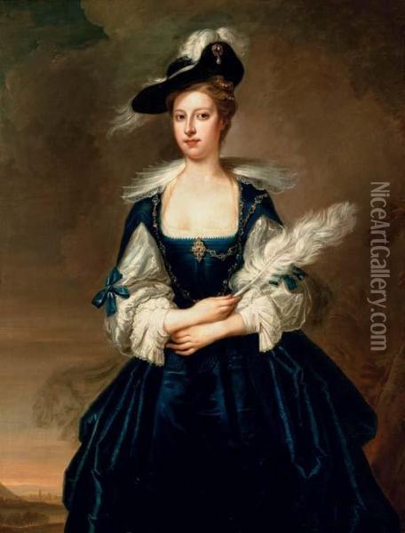 Portrait Of Elizabeth Dunch, 
Later Lady Oxenden, Three-quarter-length, Wearing A Blue Van Dyck Dress 
And Black Hat And Holding A White Feather Plume, Standing In A Landscape Oil Painting - Thomas Hudson