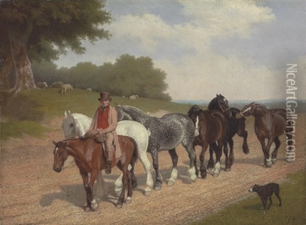 A Groom With A String Of Carthorses And A Dog, On A Country Road Oil Painting - Jacques-Laurent Agasse