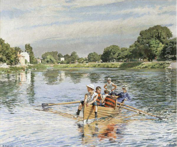 Scene De Canotage Au Pont De Bry Oil Painting - Ferdinand Joseph Gueldry