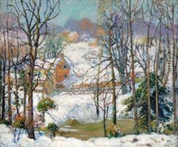 Village In Winter Oil Painting - Fern Isabel Coppedge