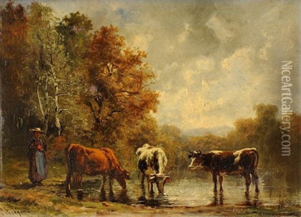 Paysanne Et Ses Vaches Oil Painting - Theodore Levigne