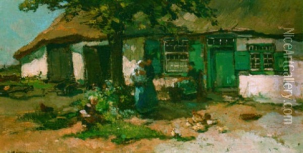 A Family In A Yard, Brabant Oil Painting - Johannes Evert Hendrik Akkeringa