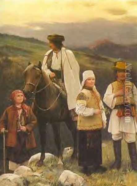 Figures from the Bukowina Oil Painting - Sigismund Ajdukiewicz