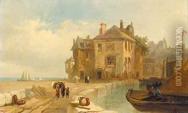 Figures carrying sacks on a French harbour wall; and Figures unloading a boat at low tide Oil Painting - Pierre Le Boeuff