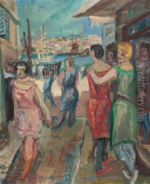 Puerto Con Figuras Femeninas Oil Painting - Henri Epstein