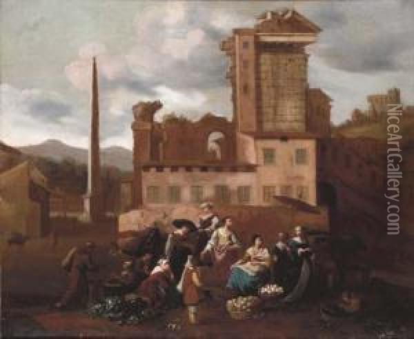 A Market Place Amongst Italian Ruins Oil Painting - Hendrick Mommers