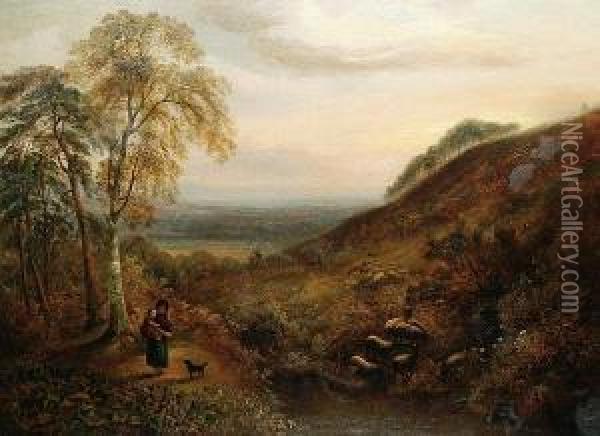 Figure And Sheep In A Downland Setting Oil Painting - George William Mote