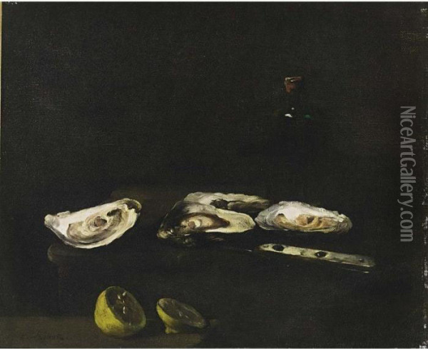 A Still Life With Oysters Oil Painting - Theodule Augustine Ribot