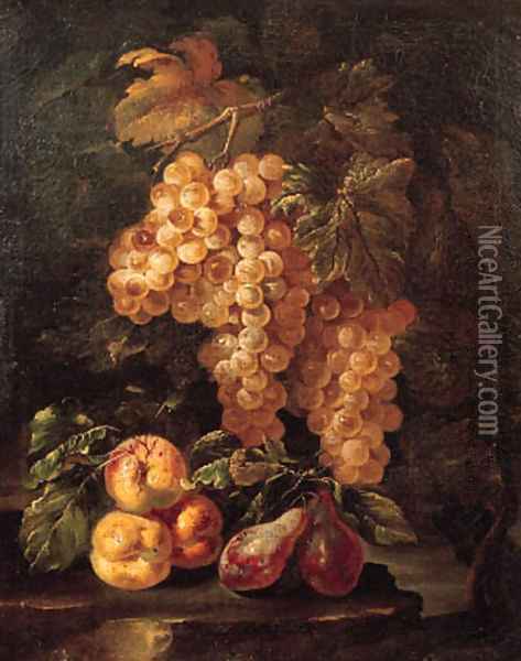 Bunches of grapes hanging from a vine with peaches and plums on a rock Oil Painting - Giovanni di Paolo