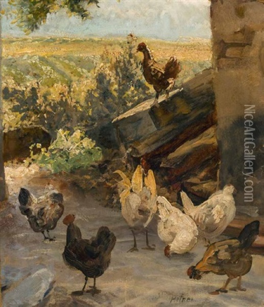 Huhner Vor Einem Stall Oil Painting - Johann Baptist Hofner