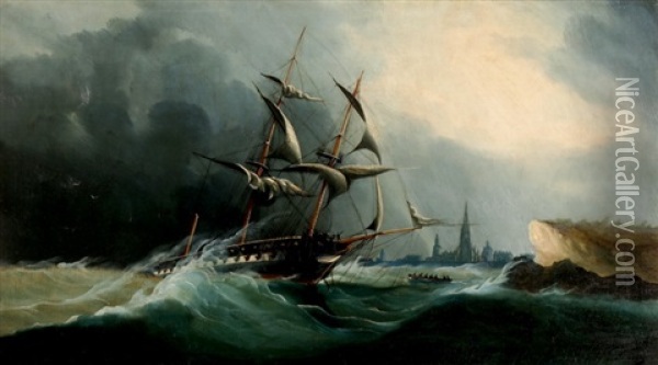 Segelschiff Auf Bewegter See Oil Painting - Cheri Francois Marguerite Dubreuil