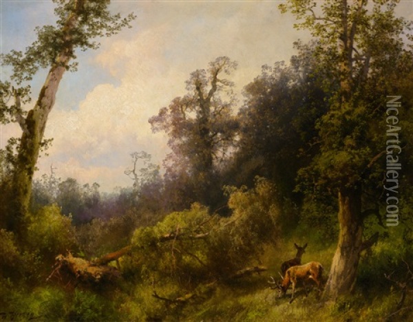 Deer In The Forest Oil Painting - Hermann Herzog