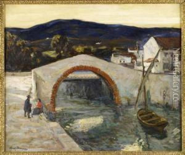 Bridge Over The River, Evening Oil Painting - Alexander Jamieson