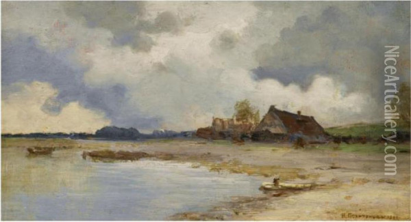 River Landscape With Houses Oil Painting - Ivan Pavlovich Pokhitonov