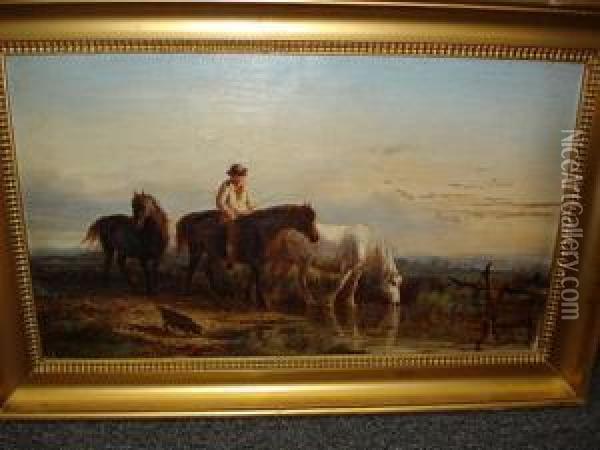 Watering The Horses, A Drover, Three Horses And A Dog In A Marshland Landscape Oil Painting - Henry Hillier Parker