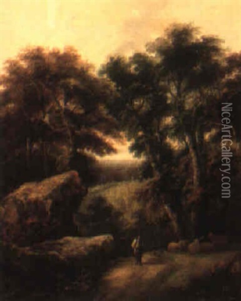 Wooded Landscape With A Shepherd On A Path Oil Painting - John Joseph (of Bath) Barker