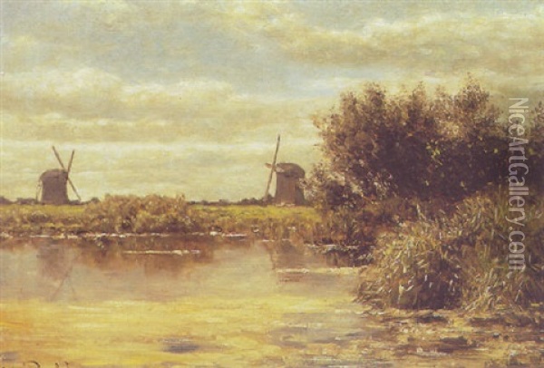 Polder Landscape With Windmills Oil Painting - Willem Roelofs