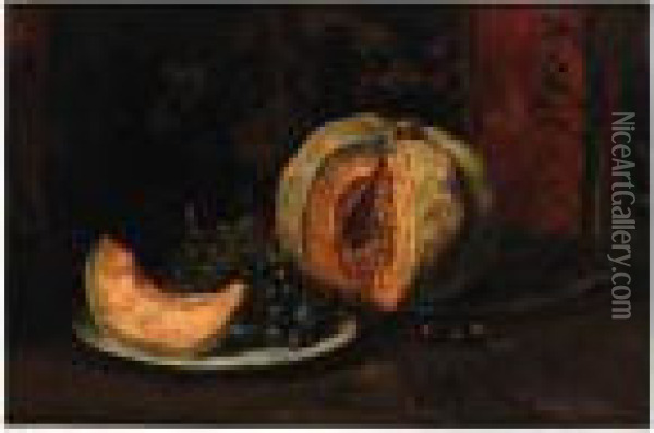 A Still Life With A Melon And Grapes On Pewter Plates Oil Painting - Willem de Zwart