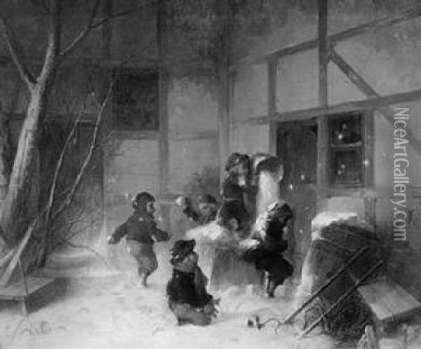 Winterfreuden - Im Hof Vor Einem Fachwerkhaus Funf Kinder Bei Einer Schneeballschlacht Oil Painting - Anders Gustav Koskull