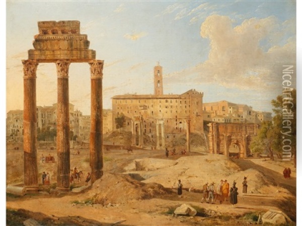 A Pair Of Capriccio Views Of The Forum And The Colosseum In Rome Oil Painting - Gaspare Gabrielli