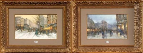 Boulevards Parisiens Animes, Oil Painting - Eugene Galien-Laloue