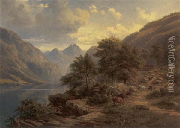 Hallstadter See (salzkammergut) Oil Painting - Georg Engelhardt