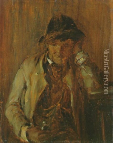 Bauer Mit Schnupftabakflasche, Am Tisch Sitzend Oil Painting - Edmund Harburger