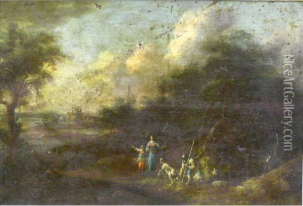 Attrib. - Landscape With Figures And A Dog Oil Painting - Franz Ferg