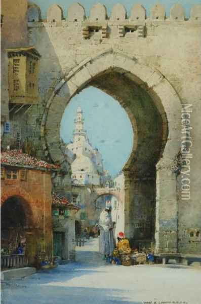 Middle Eastern Town Scene With Archway And Figures 'a Moorish Gateway Oil Painting - Noel Harry Leaver