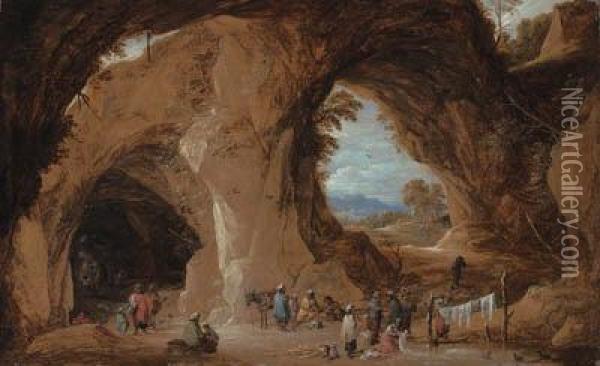 Gypsies At A Grotto With A Traveller Having His Fortune Told Oil Painting - David The Younger Teniers