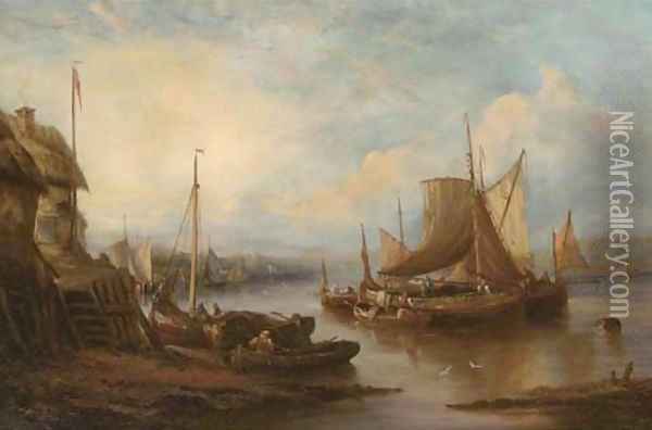 Barges on an East Anglian river at dusk Oil Painting - John Moore Of Ipswich