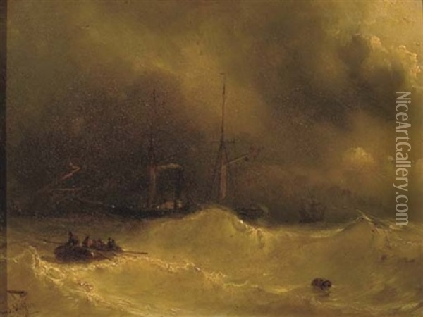 Lightning At Sea Oil Painting - Johan Hendrik Meyer