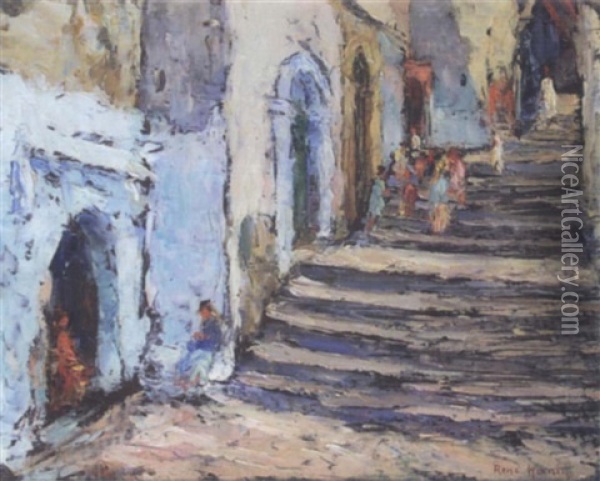 Rue En Escaliers Dans La Casbah Oil Painting - Rene Hanin