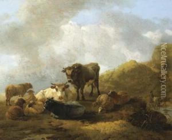 An Italianate Mountainous Landscape With Cattle And Sheep In Theforeground Oil Painting - Willem Romeyn