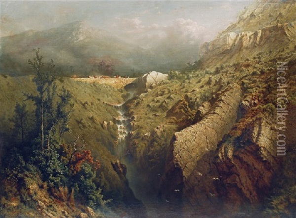 Mountain Landscape With Waterfall Oil Painting - Eugen Krueger