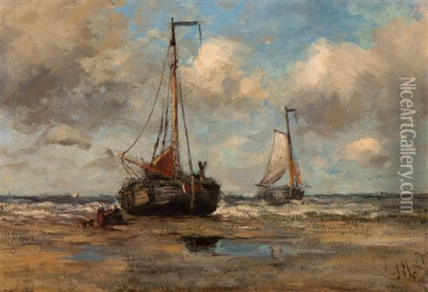 Moored Barge On The Beach Oil Painting - Jacob Henricus Maris