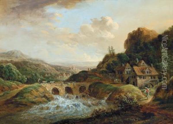 Flusslandschaft Mit Einemwasserfall Oil Painting - Christian Georg Ii Schuz