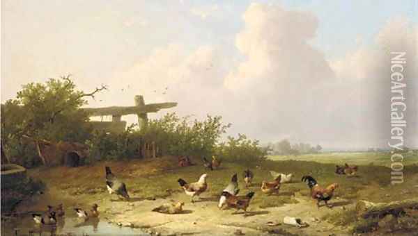 Landscape and poultry in a landscape Oil Painting - Cornelis van Leemputten