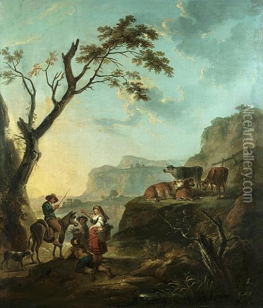 A Rocky Landscape With Travellers On A Path And Cattle Grazing Nearby Oil Painting - Thomas Barker of Bath