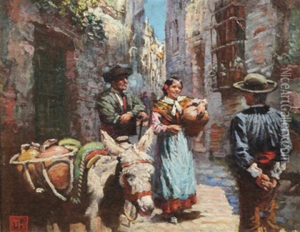 Figures In A Spanish Street Oil Painting - Arthur Trevor Haddon
