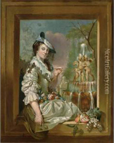 A Portrait Of An Elegant Lady Seated, Three Quarter Length, In A Stone Window, Wearing A White Satin Low Necked Dress With Tied Up Sleeves, Lace Underdress And Flat Feathered Hat, Holding A Shell In Her Hand, And With A Garland Of Flowers On Her Lap, Scul Oil Painting - Jan Stolker