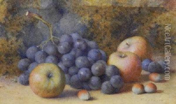 Plums Damsons And Cherries On A Mossy Bank Oil Painting - Florence E. Glasier