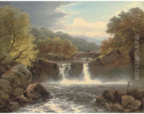 A Fall On The Wharfe, Yorkshire Oil Painting - Charles Henry Passey