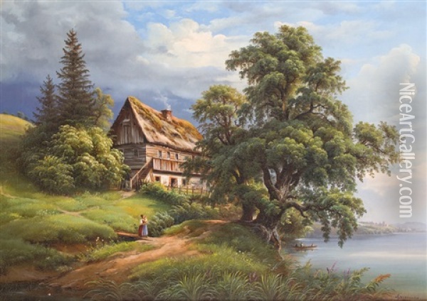 Altes Bauernhaus Am Ufer Oil Painting - Karl Christian Sparmann