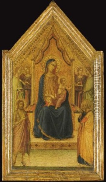The Madonna And Child Enthroned Flanked By Four Angels And Saints John The Baptist And Peter (central Panel Of Tabernacle) Oil Painting - Bernardo Daddi