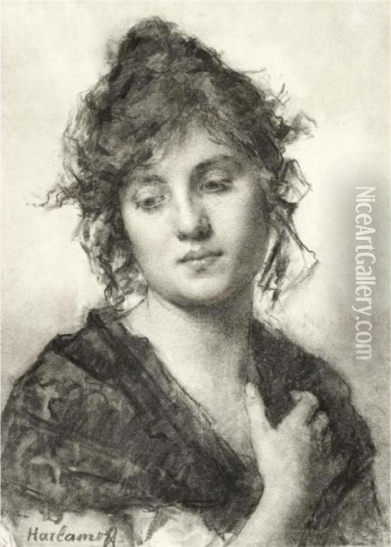 Portrait Of A Young Woman Oil Painting - Alexei Alexeivich Harlamoff