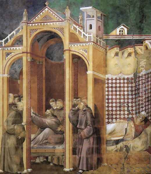 Legend of St Francis- 21. Apparition to Fra Agostino and to Bishop Guido of Arezzo 1300 Oil Painting - Giotto Di Bondone