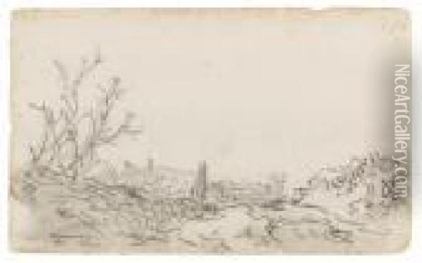 Recto: Dune Landscape With Trees At Left And A House Oil Painting - Jan van Goyen