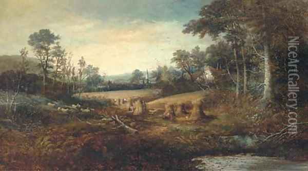 Hay making, with church in the distance Oil Painting - Charles Leaver